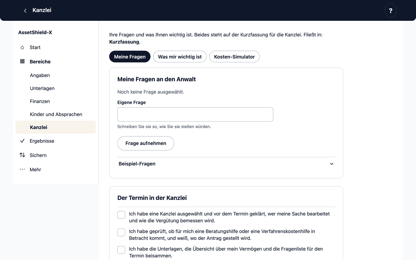 Der Bereich „Kanzlei“ mit dem Reiter „Meine Fragen“: Ihre Fragen für das erste Gespräch.