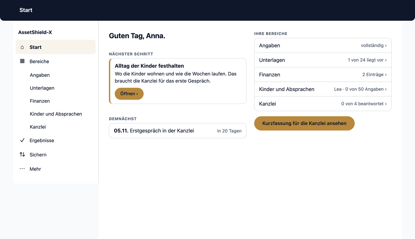 Die Startseite „Start“ am Computer: links die Leiste mit den Bereichen, rechts der nächste Schritt, darunter Ihre Bereiche mit ihrem Stand und der nächste Termin.