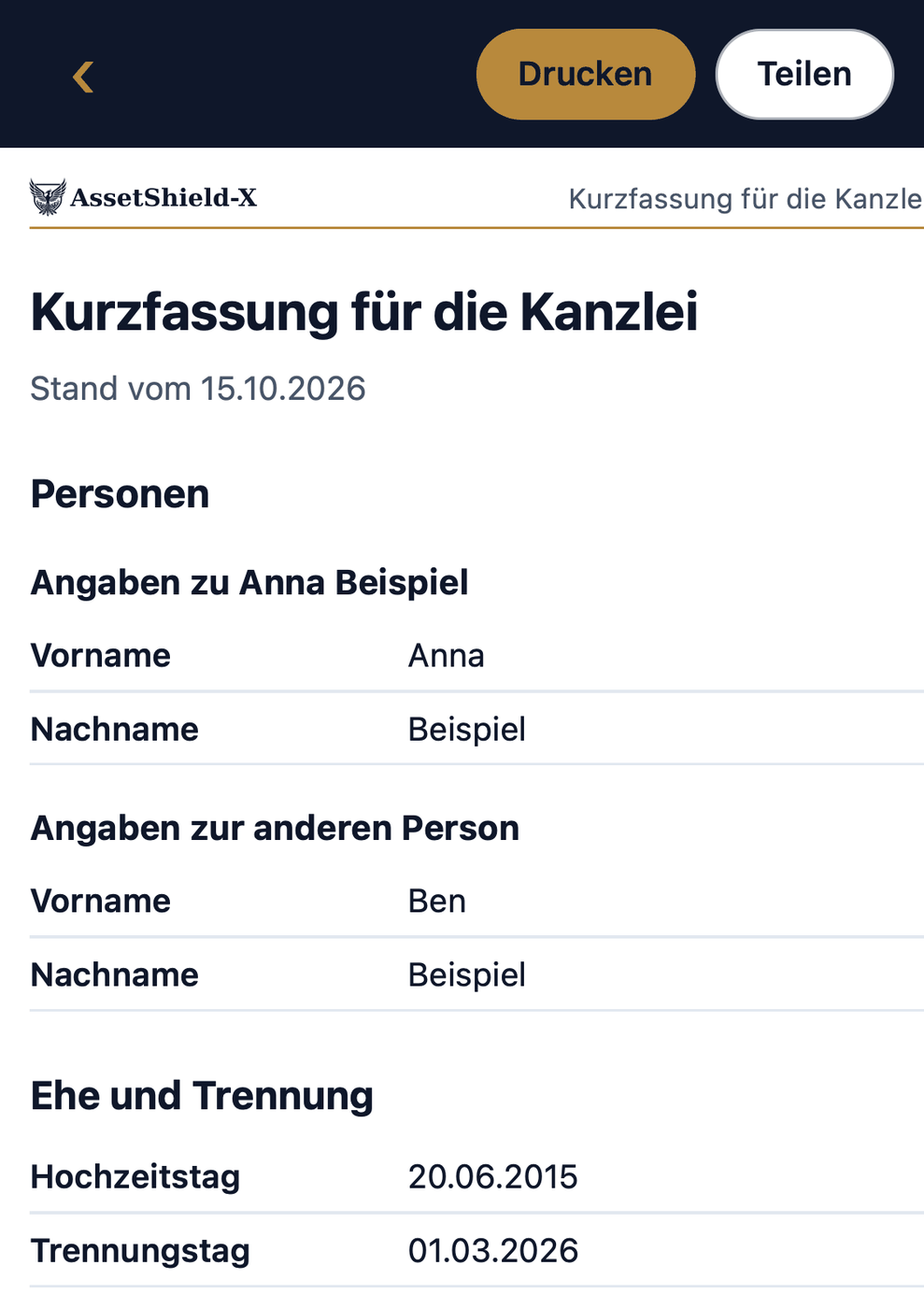 Die Kurzfassung für die Kanzlei als Vorschau im Programm, mit den Knöpfen „Drucken“ und „Teilen“.