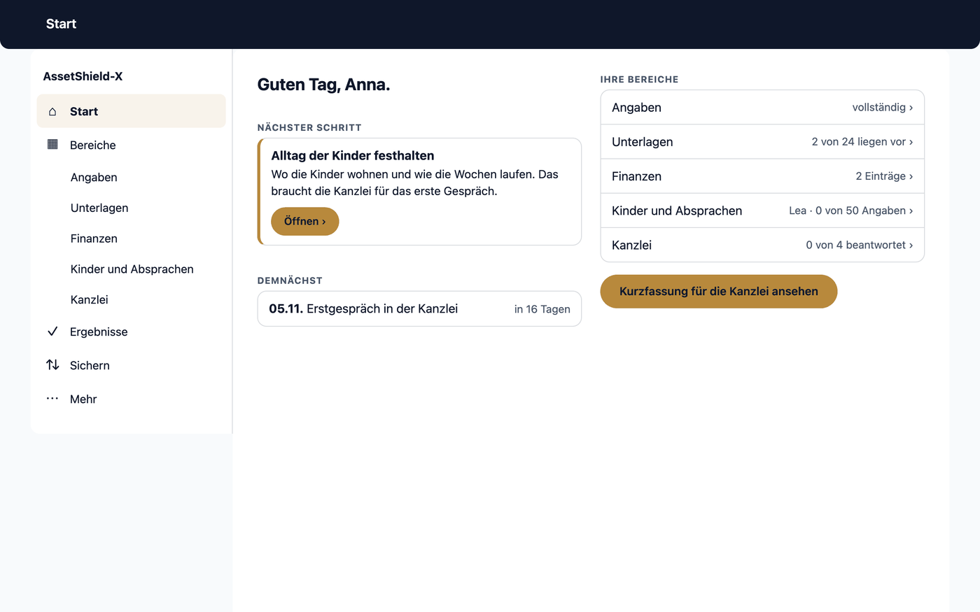 Die Startseite „Start“ am Computer: links die Leiste mit den Bereichen, rechts der nächste Schritt, darunter Ihre Bereiche mit ihrem Stand und der nächste Termin.