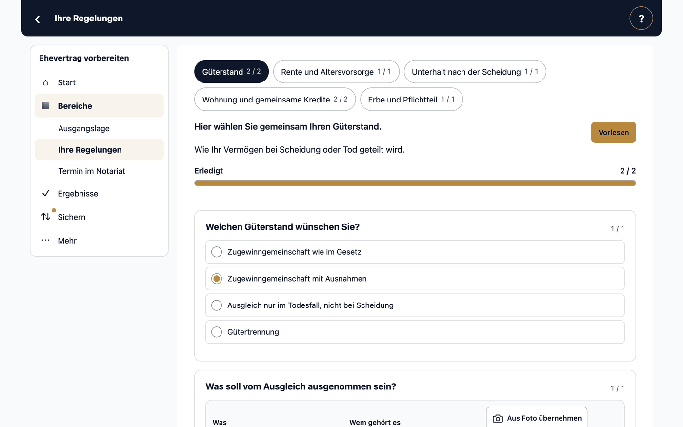 Güterstand · Welchen Güterstand wünschen Sie? · Zugewinngemeinschaft mit Ausnahmen · Gütertrennung