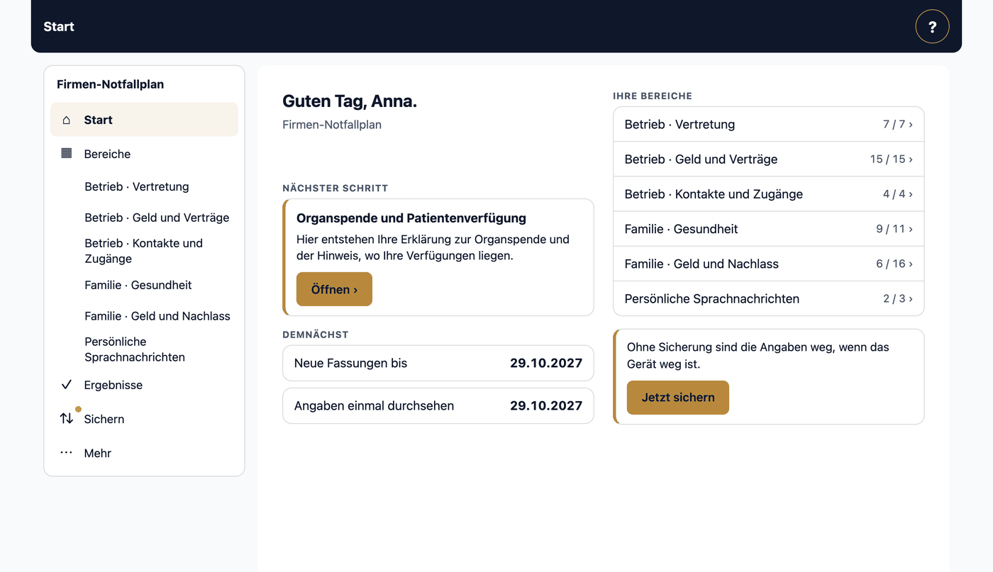 Firmen-Notfallplan · Start · Ihre Bereiche
