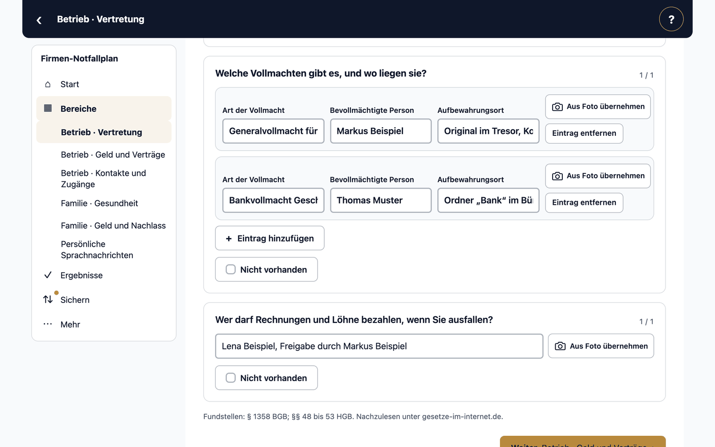 Firmen-Notfallplan · Betrieb · Vertretung · Welche Vollmachten gibt es, und wo liegen sie? · Art der Vollmacht · Bevollmächtigte Person · Aufbewahrungsort