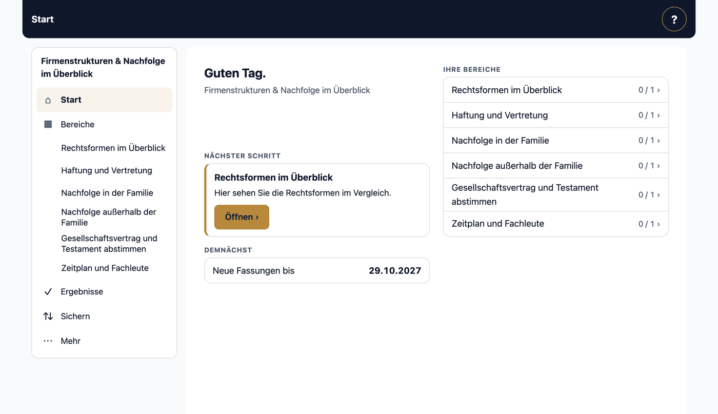 Firmenstrukturen & Nachfolge im Überblick · Rechtsformen im Überblick · Haftung und Vertretung · Nachfolge in der Familie · Nachfolge außerhalb der Familie