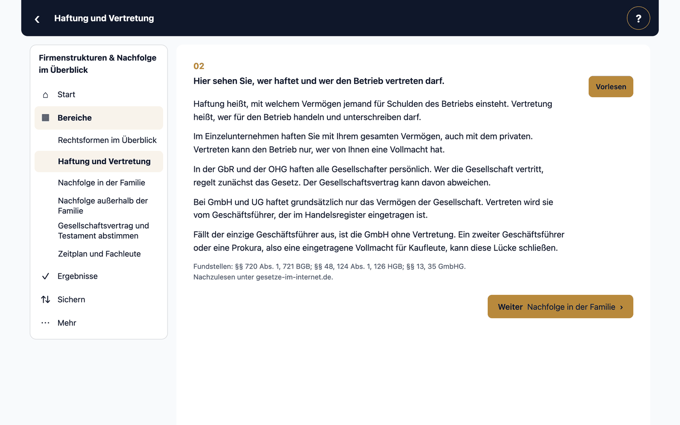 Haftung und Vertretung · Hier sehen Sie, wer haftet und wer den Betrieb vertreten darf.