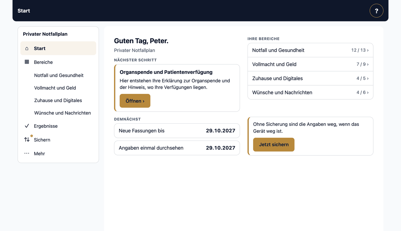 Privater Notfallplan · Start · Ihre Bereiche